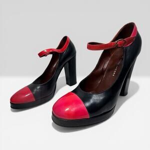 Marc by Marc Jacobs Leather Mary Jane Heels Black Pink Cap Toe Italy 38.5 90s